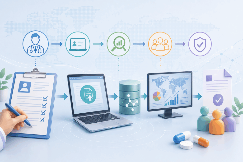 Adverse drug reaction reporting process in pharmacovigilance showing data collection, case submission, analysis, and evaluation to ensure drug safety