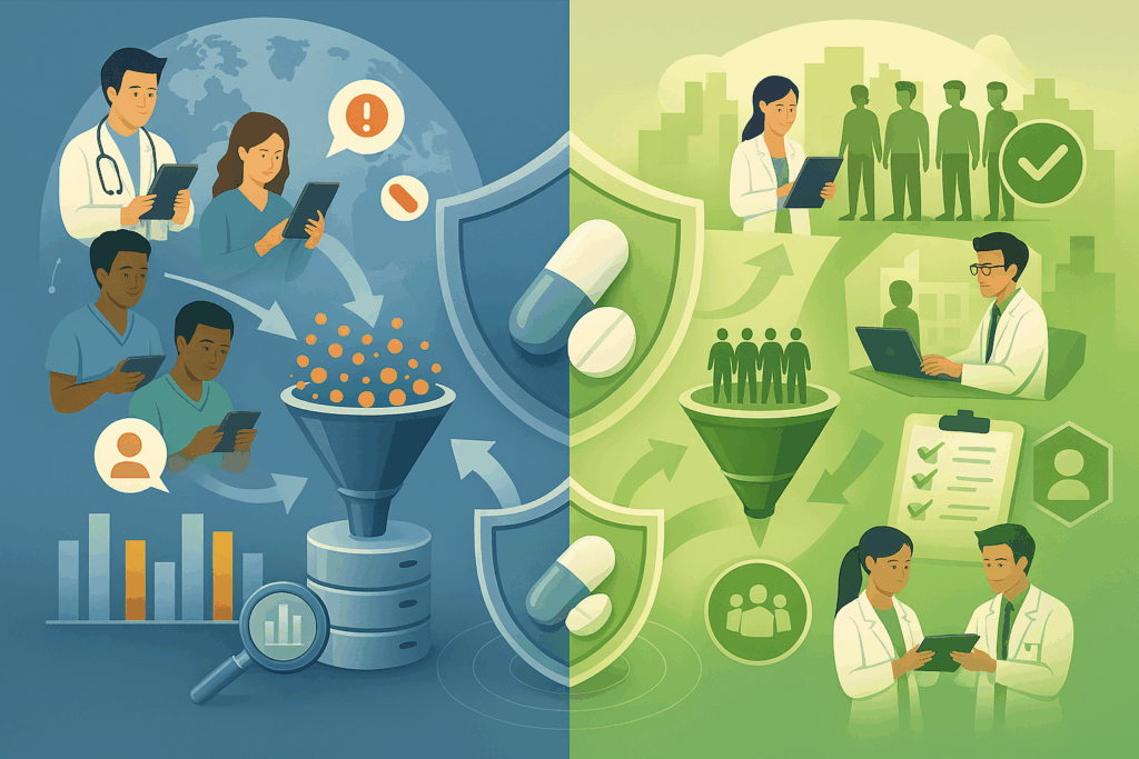 Comparison of active and passive pharmacovigilance, showing spontaneous reporting systems on one side and structured patient monitoring and data collection on the other.