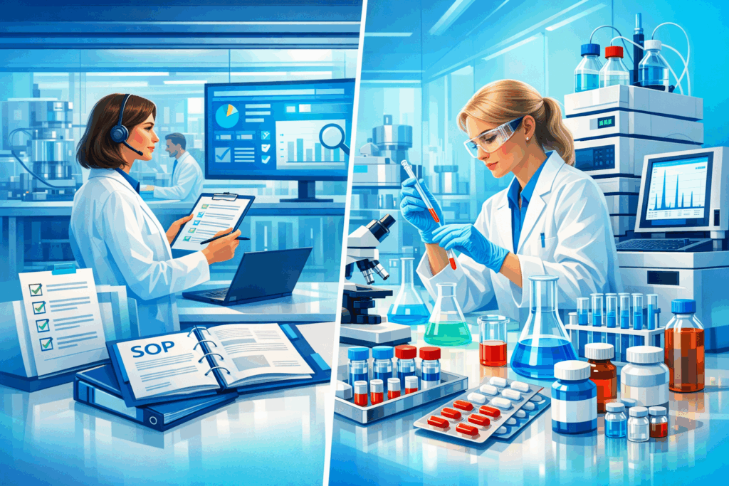Comparison of Quality Assurance and Quality Control in the pharmaceutical sector, showing process management on one side and laboratory testing on the other.