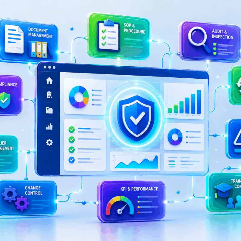 Pharmaceutical quality management system dashboard showing document control, SOPs, audits, CAPA, risk management, and compliance processes connected to ensure product quality