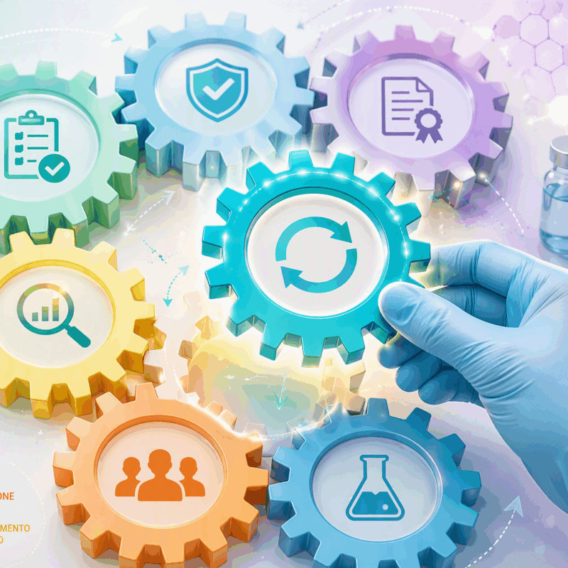 Change Control process in the pharmaceutical industry represented by interconnected gears symbolizing risk assessment, compliance, approval, quality management, and continuous improvement.
