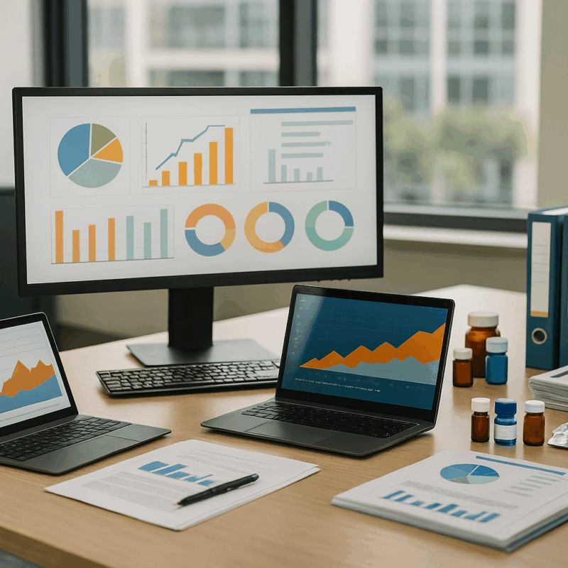 Pharmaceutical safety data analysis dashboard showing post-marketing pharmacovigilance trends, reports, and medicine safety monitoring.