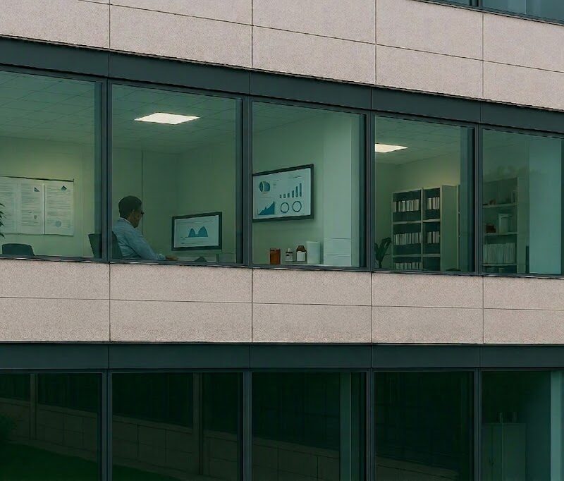 Pharmacovigilance professional analyzing safety data and reports within a pharmaceutical company office environment.