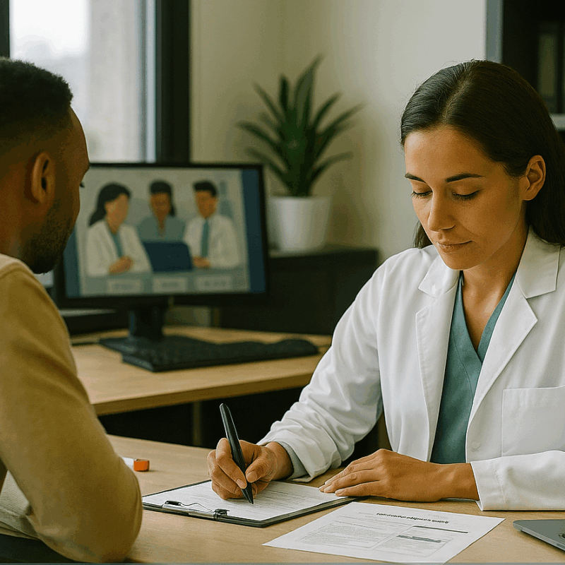 Clinical trial participant and healthcare professional documenting safety information during a study visit.