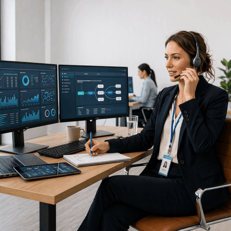 Medical Information professional managing scientific inquiries and data analysis in a pharmaceutical office environment.