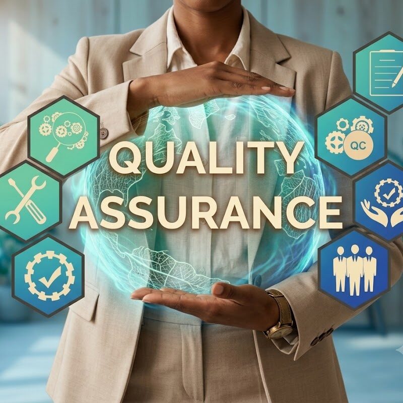 Professional holding a digital globe labeled “Quality Assurance,” surrounded by icons representing quality control, compliance, documentation management, process oversight, auditing, and continuous improvement in the pharmaceutical industry.