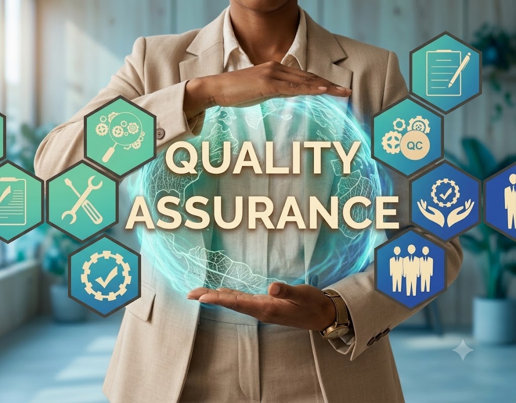 Professional holding a digital globe labeled “Quality Assurance,” surrounded by icons representing quality control, compliance, documentation management, process oversight, auditing, and continuous improvement in the pharmaceutical industry.