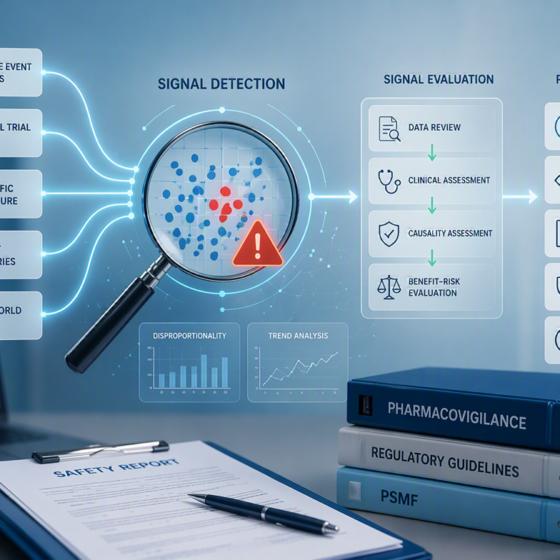 Infographic illustrating the signal detection process in pharmacovigilance, showing safety data sources, identification of a potential safety signal, signal evaluation steps, and possible regulatory actions.