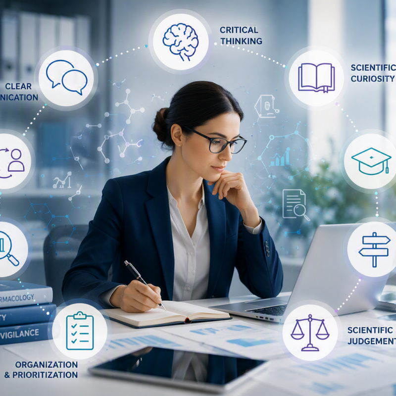 Medical Information professional working at a desk surrounded by icons representing essential soft skills, including communication, critical thinking, scientific curiosity, analytical ability, teamwork, organization, continuous learning, and scientific judgment.