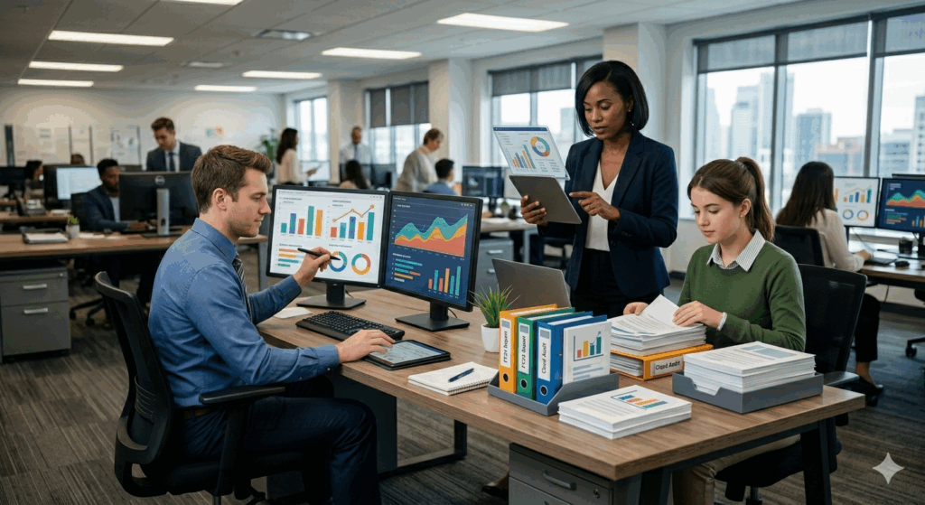 Team working in a pharmaceutical Medical Information department, managing scientific content, documentation, and data through digital systems.