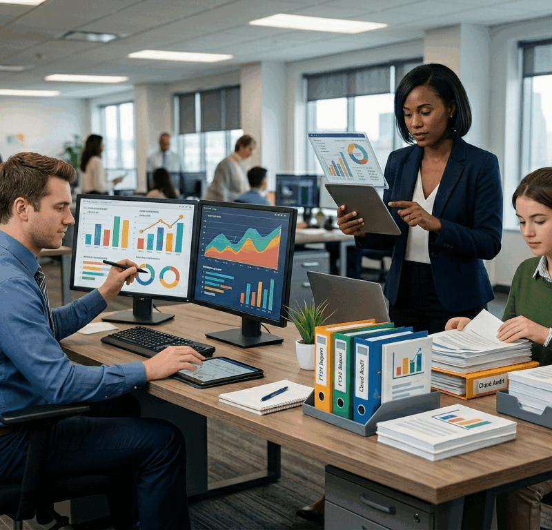 Team working in a pharmaceutical Medical Information department, managing scientific content, documentation, and data through digital systems.
