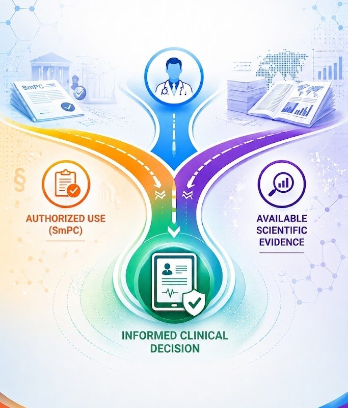 Infographic illustrating the management of off-label requests in Medical Information by integrating approved product information, available scientific evidence, and support for informed clinical decision-making.