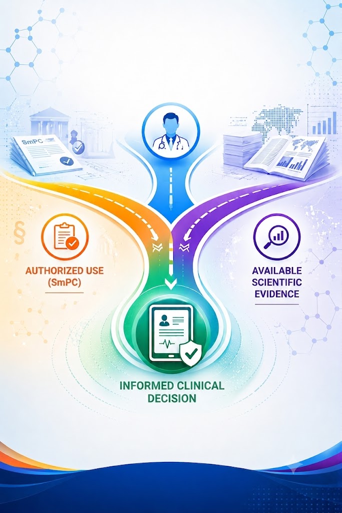 Infographic illustrating the management of off-label requests in Medical Information by integrating approved product information, available scientific evidence, and support for informed clinical decision-making.