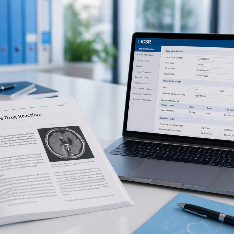 Laptop displaying an Individual Case Safety Report (ICSR) form next to a published case report describing a rare adverse drug reaction, illustrating key sources of safety information used in pharmacovigilance.