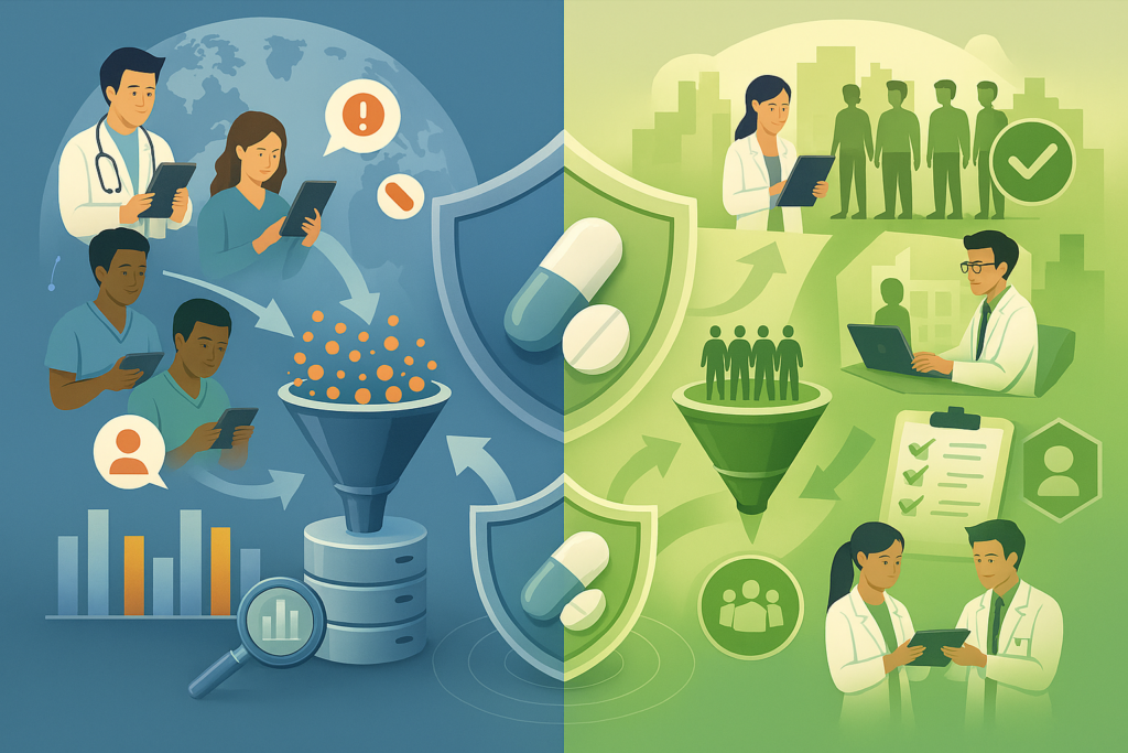 Confronto tra farmacovigilanza attiva e passiva: da un lato raccolta spontanea e distribuita di segnalazioni, dall’altro monitoraggio strutturato e analisi sistematica dei dati di sicurezza.