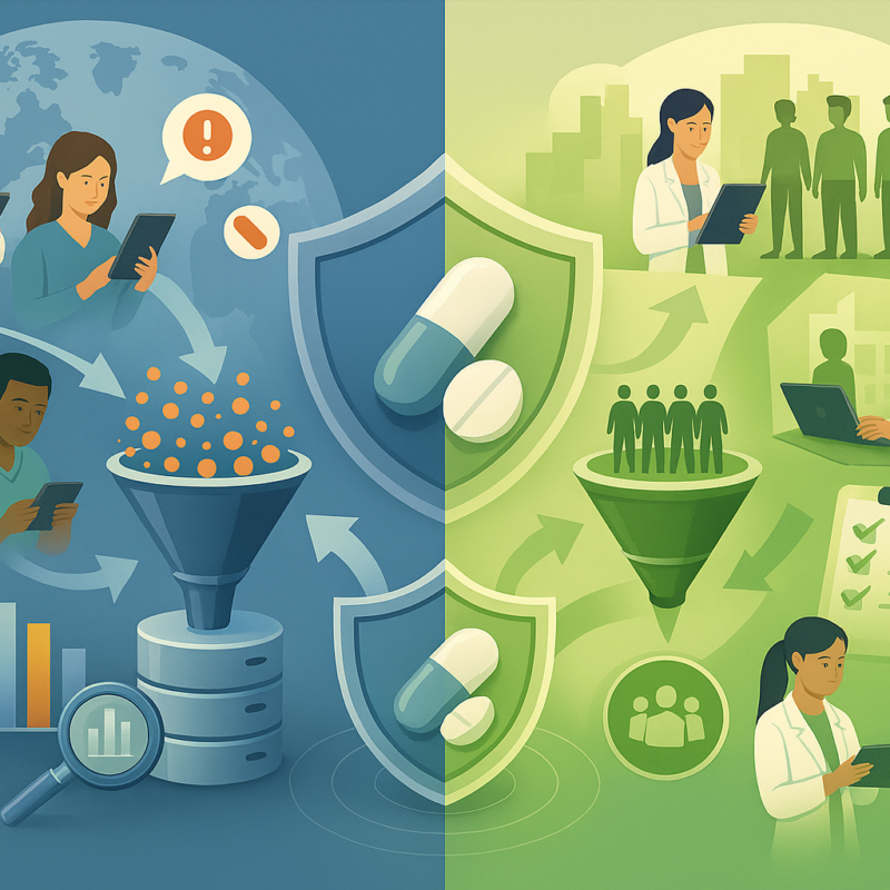 Confronto tra farmacovigilanza attiva e passiva: da un lato raccolta spontanea e distribuita di segnalazioni, dall’altro monitoraggio strutturato e analisi sistematica dei dati di sicurezza.