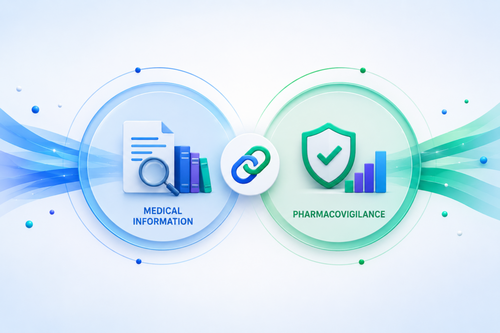 Illustrazione di Medical Information e Farmacovigilanza con elementi collegati che rappresentano integrazione tra informazioni scientifiche e sicurezza dei medicinali