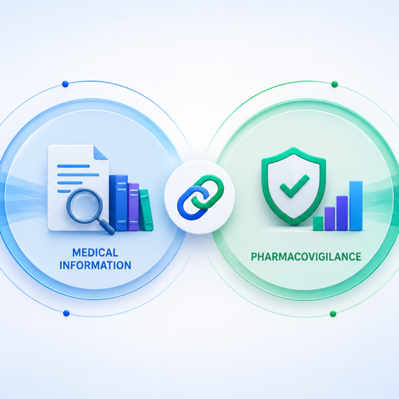 Illustrazione di Medical Information e Farmacovigilanza con elementi collegati che rappresentano integrazione tra informazioni scientifiche e sicurezza dei medicinali
