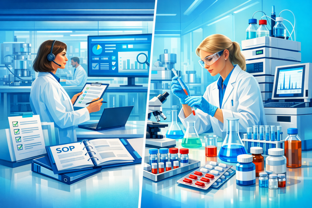 Confronto tra quality assurance e quality control nel settore farmaceutico: gestione dei processi e controllo qualità in laboratorio.