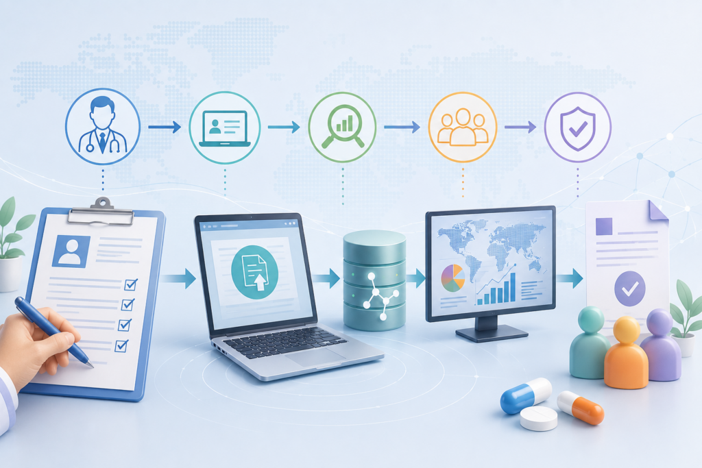 Flusso di farmacovigilanza dalla segnalazione di sospette reazioni avverse alla raccolta, analisi dei dati e gestione della sicurezza dei farmaci tramite sistemi digitali.