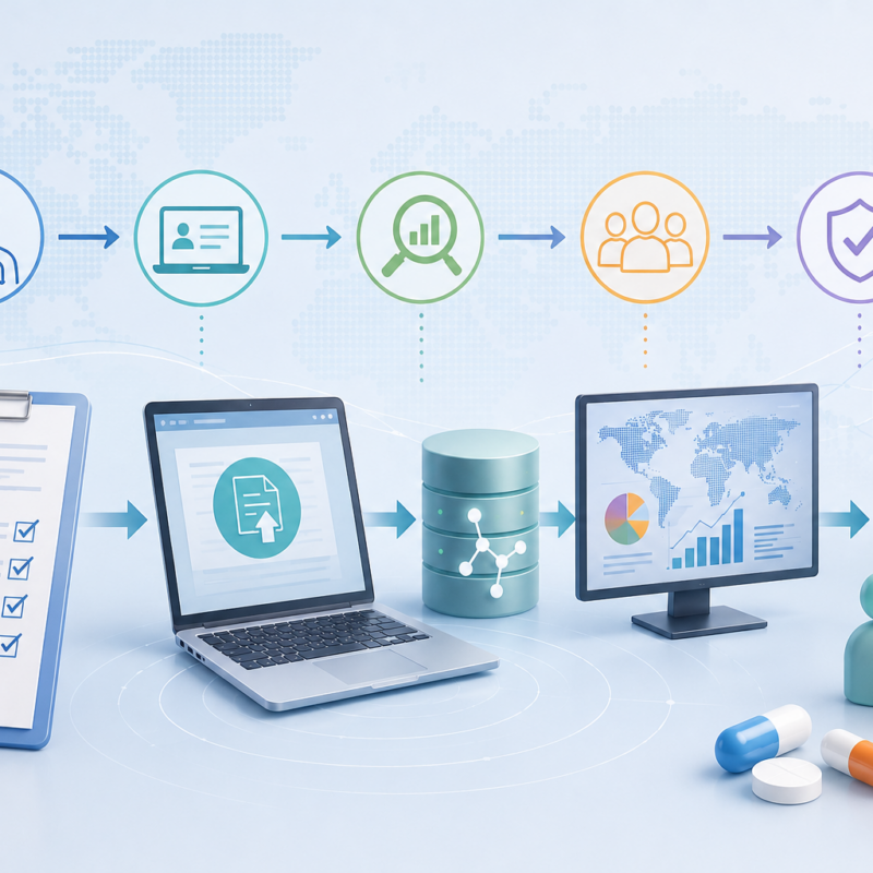 Flusso di farmacovigilanza dalla segnalazione di sospette reazioni avverse alla raccolta, analisi dei dati e gestione della sicurezza dei farmaci tramite sistemi digitali.