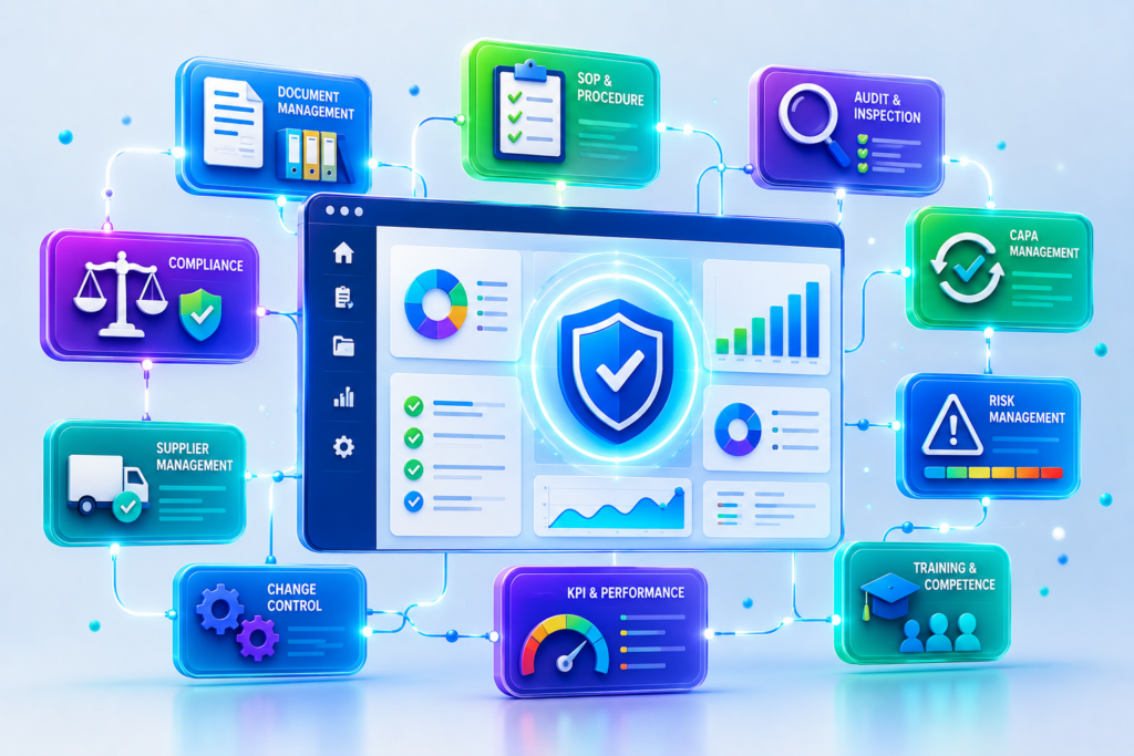 Schema illustrativo di un sistema di gestione qualità (QMS) nel settore farmaceutico con moduli come document management, CAPA, audit, risk management e KPI collegati a una dashboard centrale.