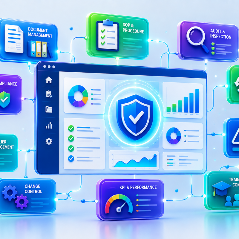 Schema illustrativo di un sistema di gestione qualità (QMS) nel settore farmaceutico con moduli come document management, CAPA, audit, risk management e KPI collegati a una dashboard centrale.