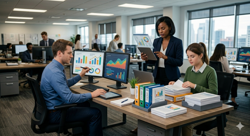Team di professionisti in ufficio che analizza dati, documenti e report su schermi digitali, rappresentando la struttura di un dipartimento di Medical Information.