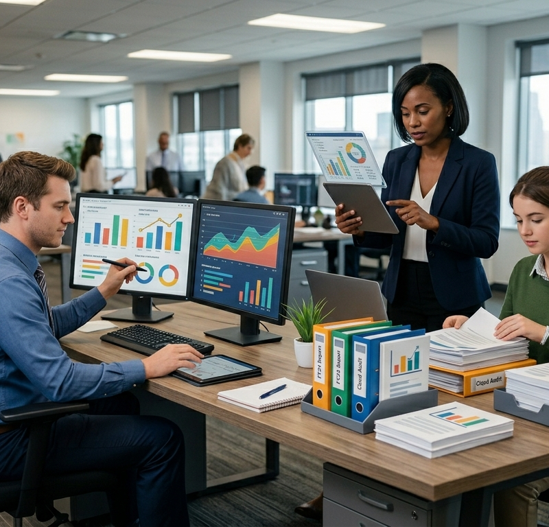 Team di professionisti in ufficio che analizza dati, documenti e report su schermi digitali, rappresentando la struttura di un dipartimento di Medical Information.