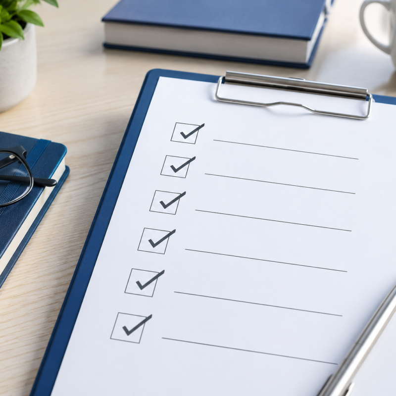 Checklist su clipboard con voci selezionate su una scrivania, rappresentazione di un audit qualità nel settore farmaceutico.