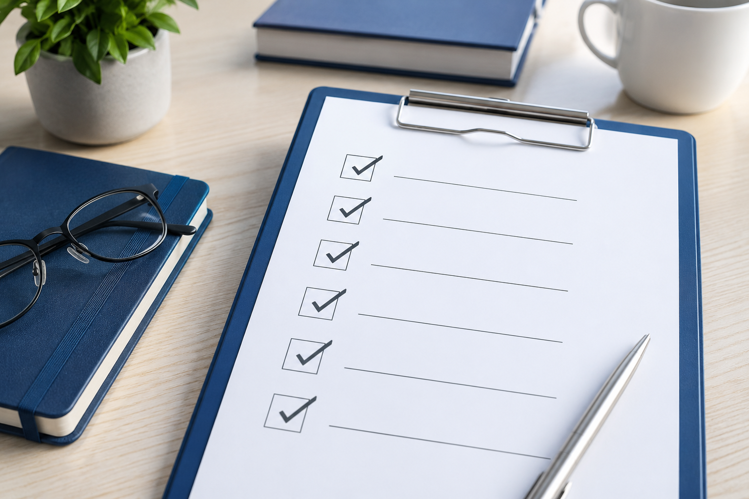 Checklist su clipboard con voci selezionate su una scrivania, rappresentazione di un audit qualità nel settore farmaceutico.