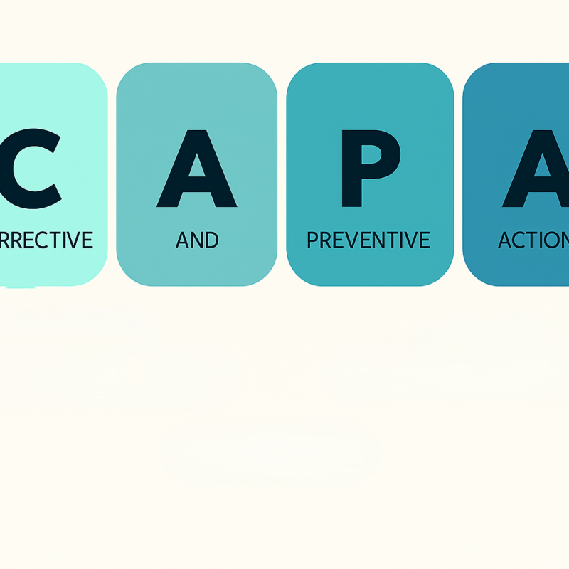 Schema grafico delle CAPA nel settore farmaceutico che mostra le quattro componenti Corrective and Preventive Actions attraverso blocchi strutturati.