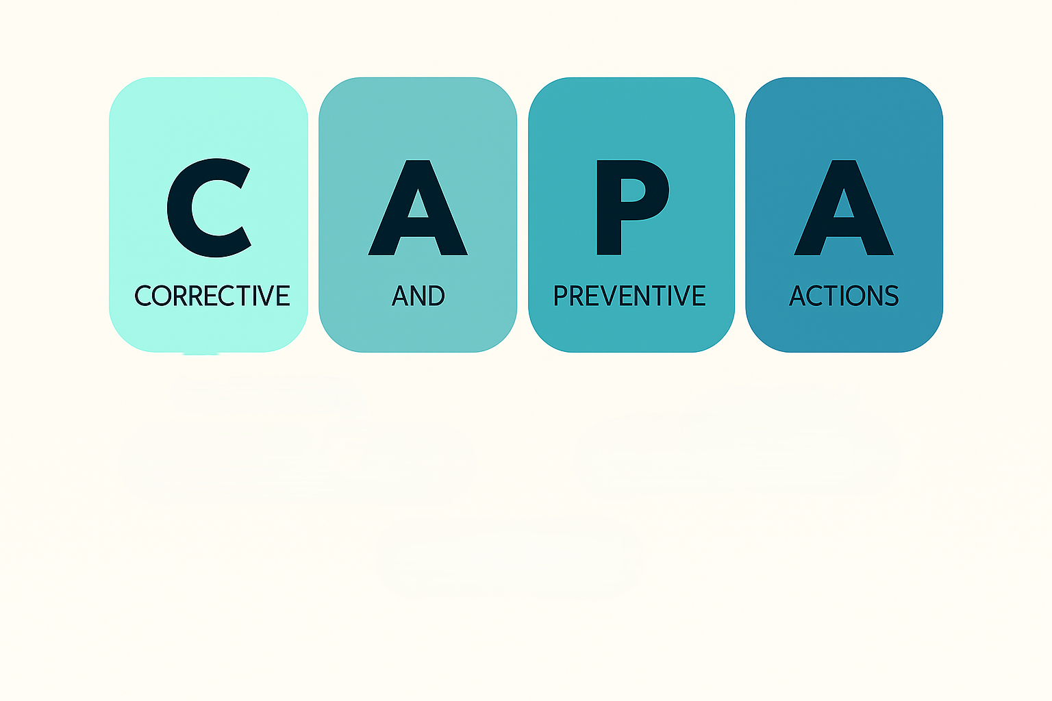 Schema grafico delle CAPA nel settore farmaceutico che mostra le quattro componenti Corrective and Preventive Actions attraverso blocchi strutturati.