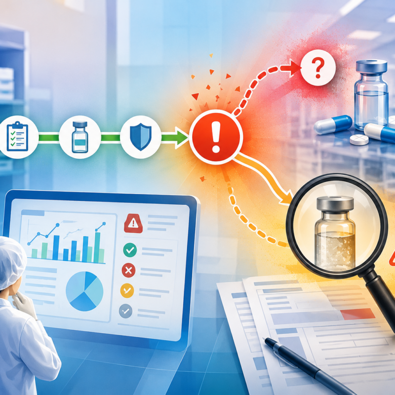 Rappresentazione del deviation management nel farmaceutico, con analisi dei dati di qualità, identificazione di deviazioni e valutazione delle criticità su un prodotto.
