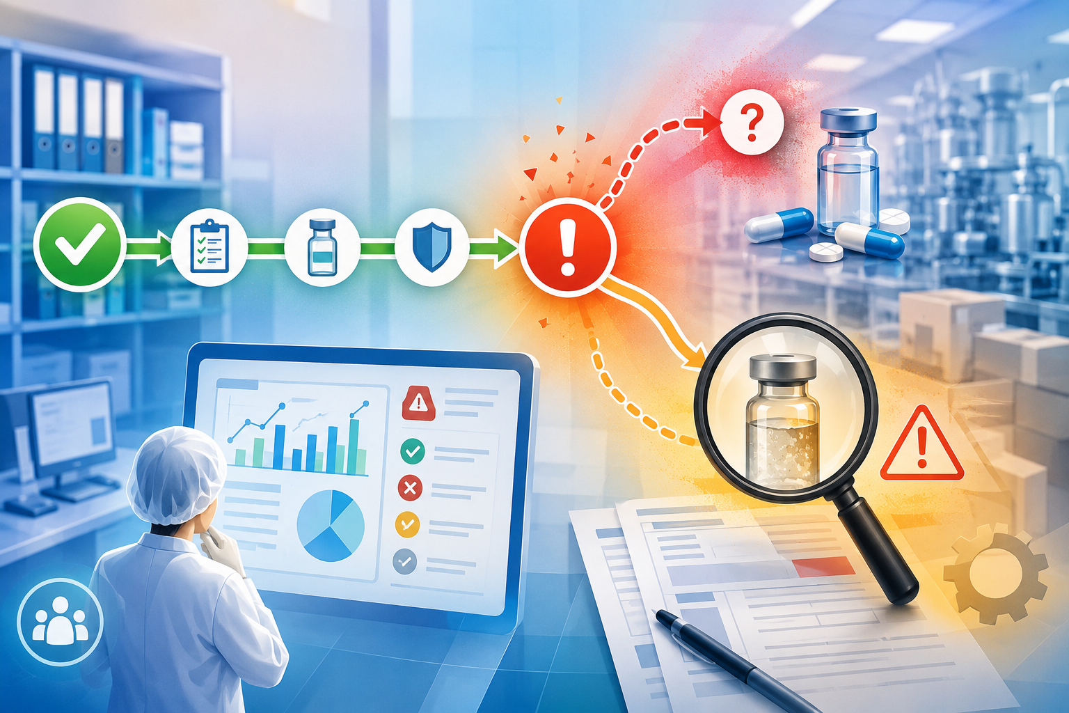 Rappresentazione del deviation management nel farmaceutico, con analisi dei dati di qualità, identificazione di deviazioni e valutazione delle criticità su un prodotto.