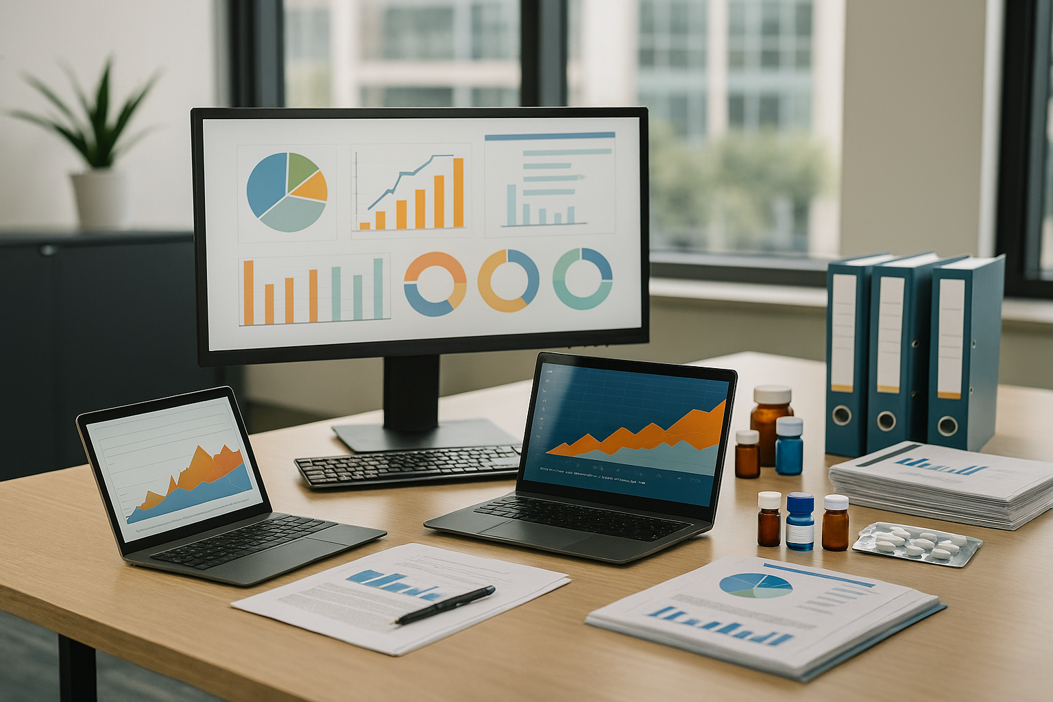 Scrivania con computer e laptop che mostrano grafici e dashboard di dati, con documenti e prodotti farmaceutici, a rappresentare l’analisi e il monitoraggio della sicurezza nel post-marketing.
