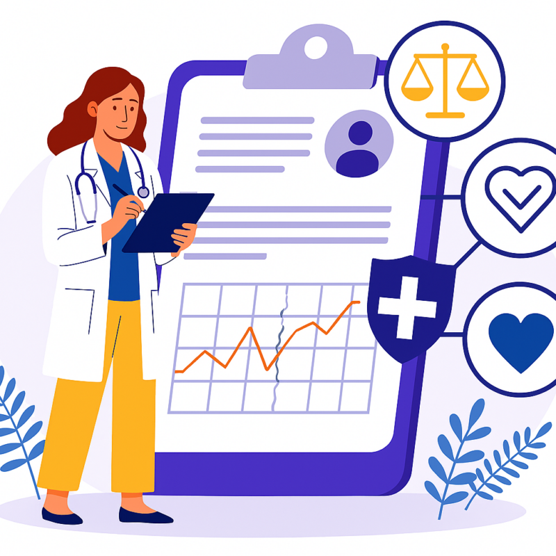 Illustrazione di operatore sanitario con tablet davanti a una cartella clinica e grafico, con icone di bilancia, cuore e scudo, che rappresentano farmacovigilanza e sicurezza dei farmaci.