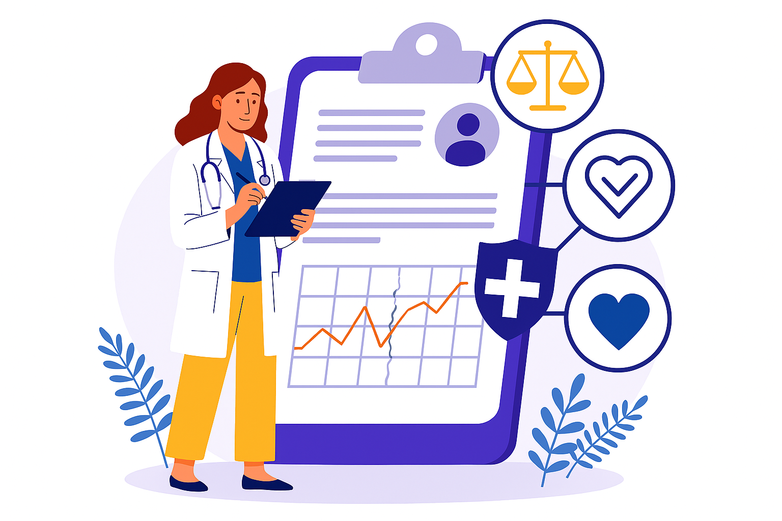 Illustrazione di operatore sanitario con tablet davanti a una cartella clinica e grafico, con icone di bilancia, cuore e scudo, che rappresentano farmacovigilanza e sicurezza dei farmaci.