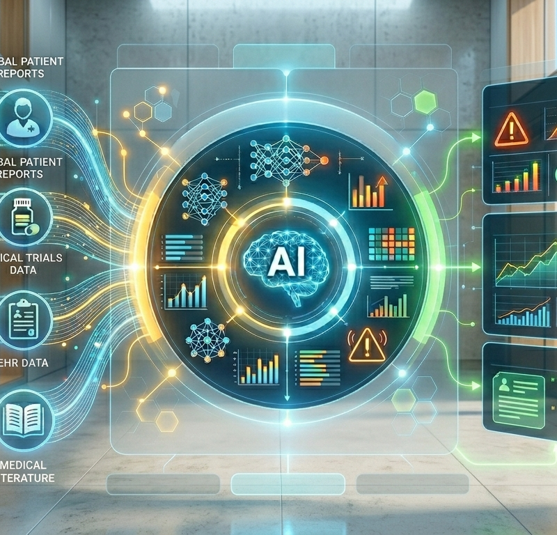 Piattaforma di intelligenza artificiale che integra dati di farmacovigilanza da diverse fonti (report pazienti, studi clinici, EHR e letteratura medica) e li visualizza in dashboard con grafici, trend e segnali di sicurezza.