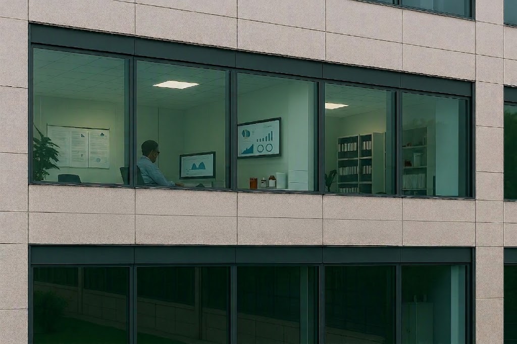 Uffici di un’azienda farmaceutica con personale che lavora su dati e report di sicurezza, rappresentazione delle attività di farmacovigilanza.