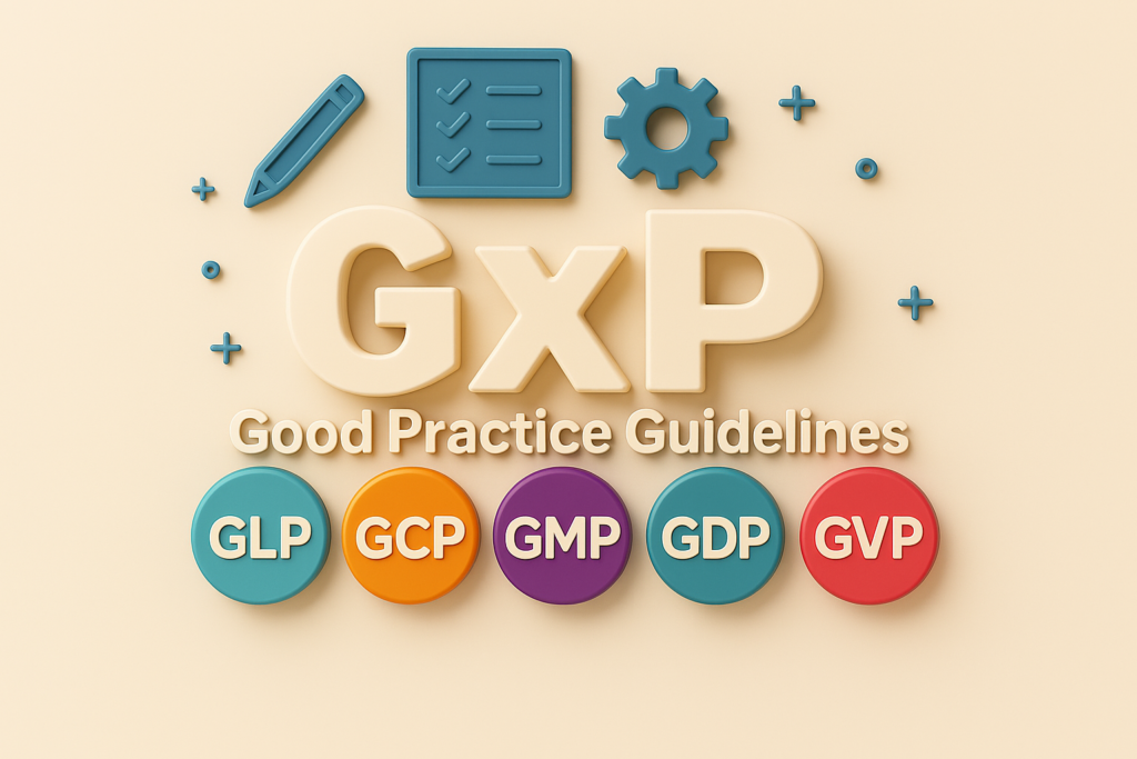 Rappresentazione delle linee guida GxP nel settore farmaceutico, con riferimento a GLP, GCP, GMP, GDP e GVP.