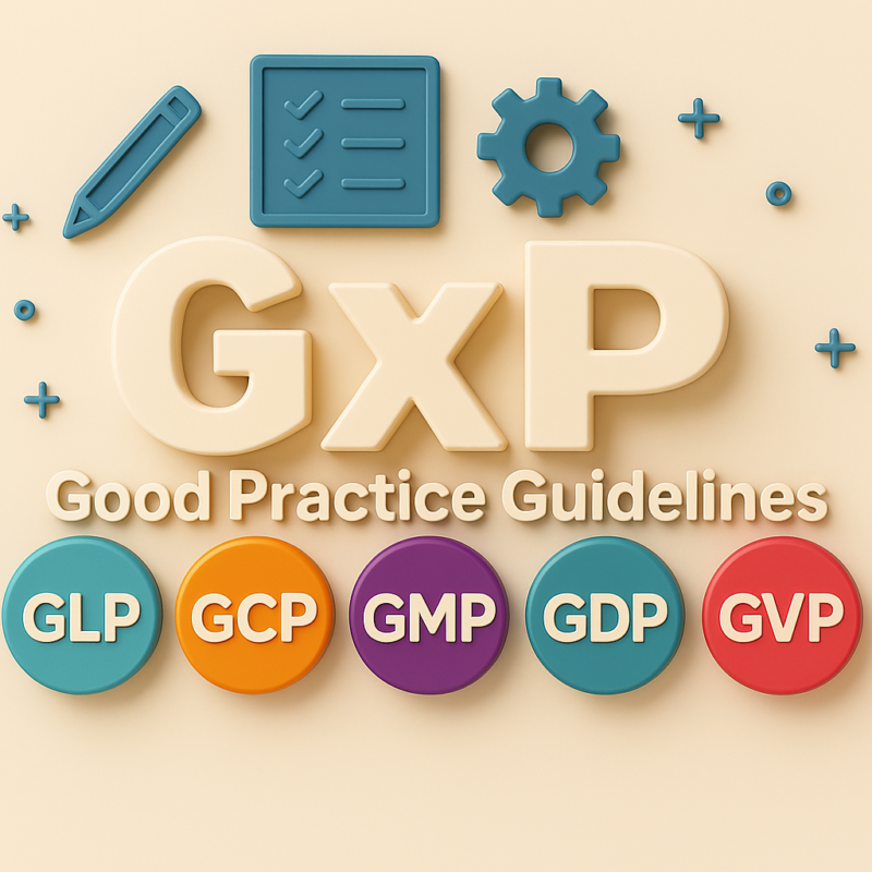 Rappresentazione delle linee guida GxP nel settore farmaceutico, con riferimento a GLP, GCP, GMP, GDP e GVP.