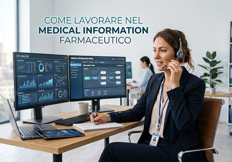 Professionista della medical information al lavoro in ufficio con cuffie e doppio monitor che mostrano dati clinici e analisi farmaceutiche.