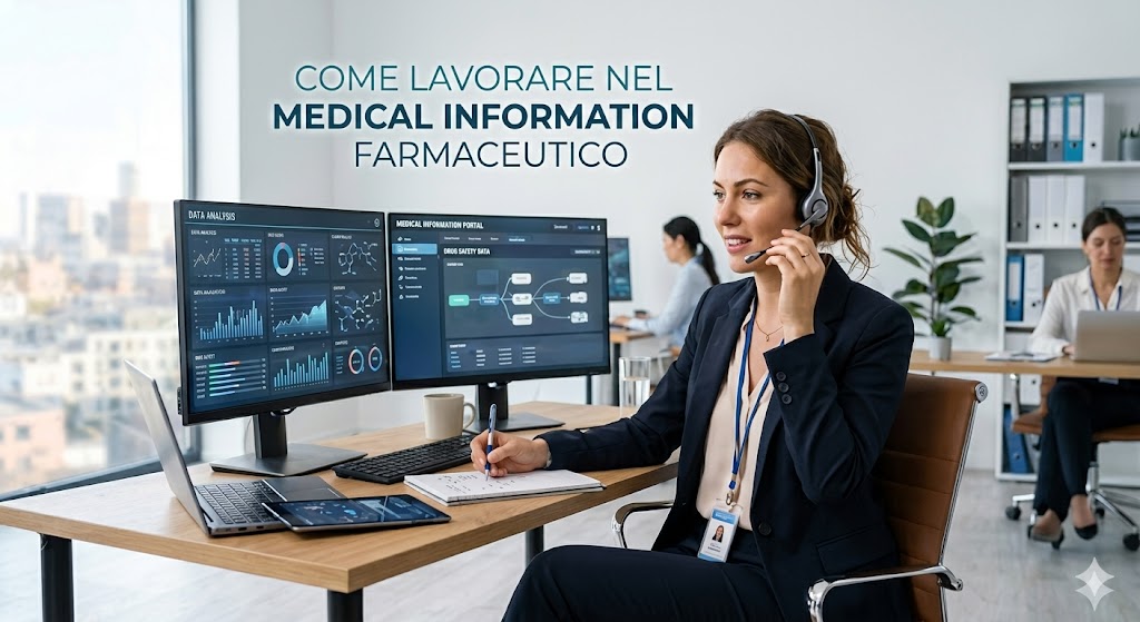 Professionista della medical information al lavoro in ufficio con cuffie e doppio monitor che mostrano dati clinici e analisi farmaceutiche.