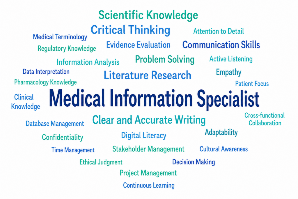 Word cloud delle competenze del Medical Information Specialist, con focus su conoscenze scientifiche, comunicazione, analisi dei dati e capacità decisionali.