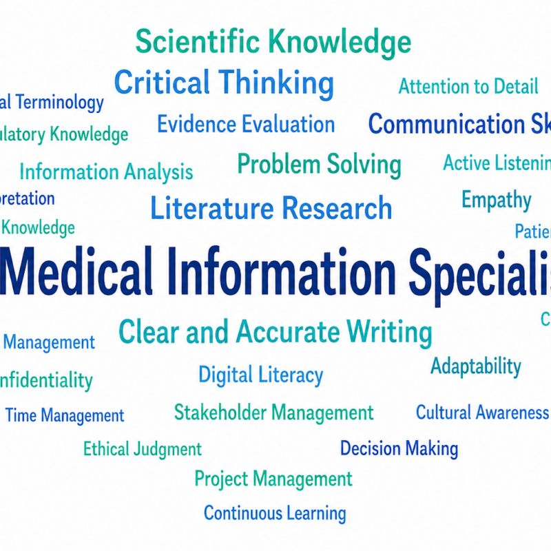 Word cloud delle competenze del Medical Information Specialist, con focus su conoscenze scientifiche, comunicazione, analisi dei dati e capacità decisionali.
