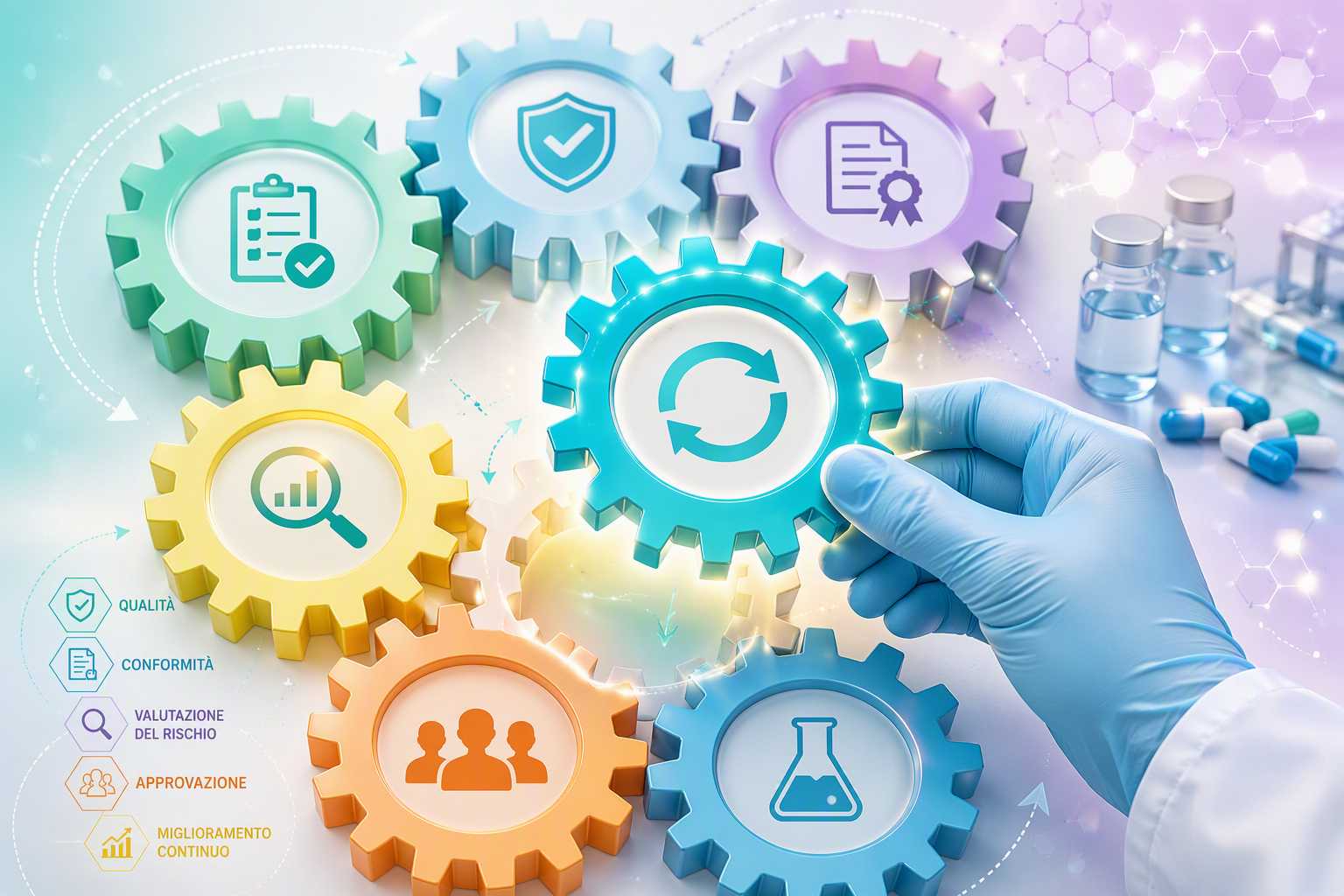 Change control nel settore farmaceutico rappresentato da ingranaggi interconnessi che simboleggiano valutazione del rischio, approvazione, compliance, qualità e miglioramento continuo.