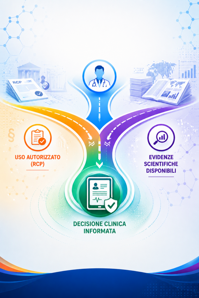Infografica che illustra il processo di gestione delle richieste off-label nel Medical Information, integrando informazioni autorizzate, evidenze scientifiche e supporto alle decisioni cliniche.