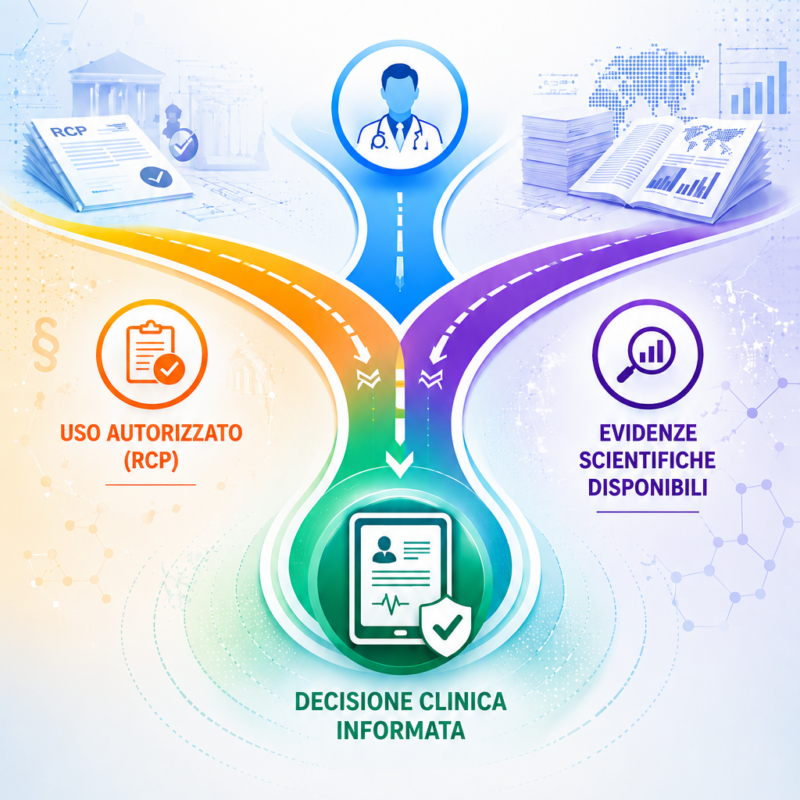 Infografica che illustra il processo di gestione delle richieste off-label nel Medical Information, integrando informazioni autorizzate, evidenze scientifiche e supporto alle decisioni cliniche.