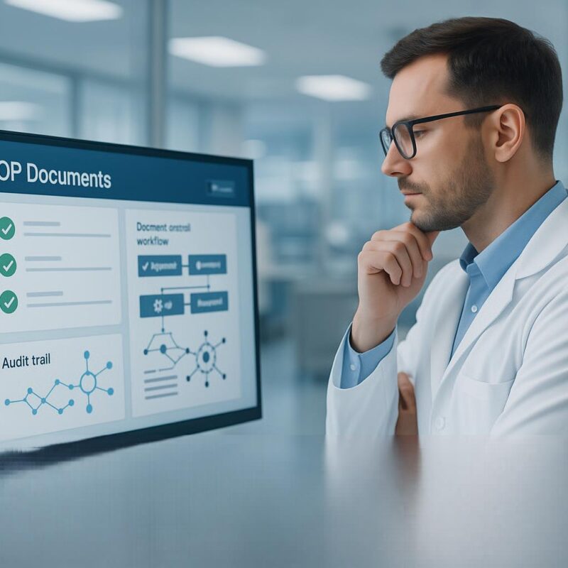 Professionista del Quality Assurance che verifica documentazione SOP e workflow di controllo documentale in un sistema GxP.
